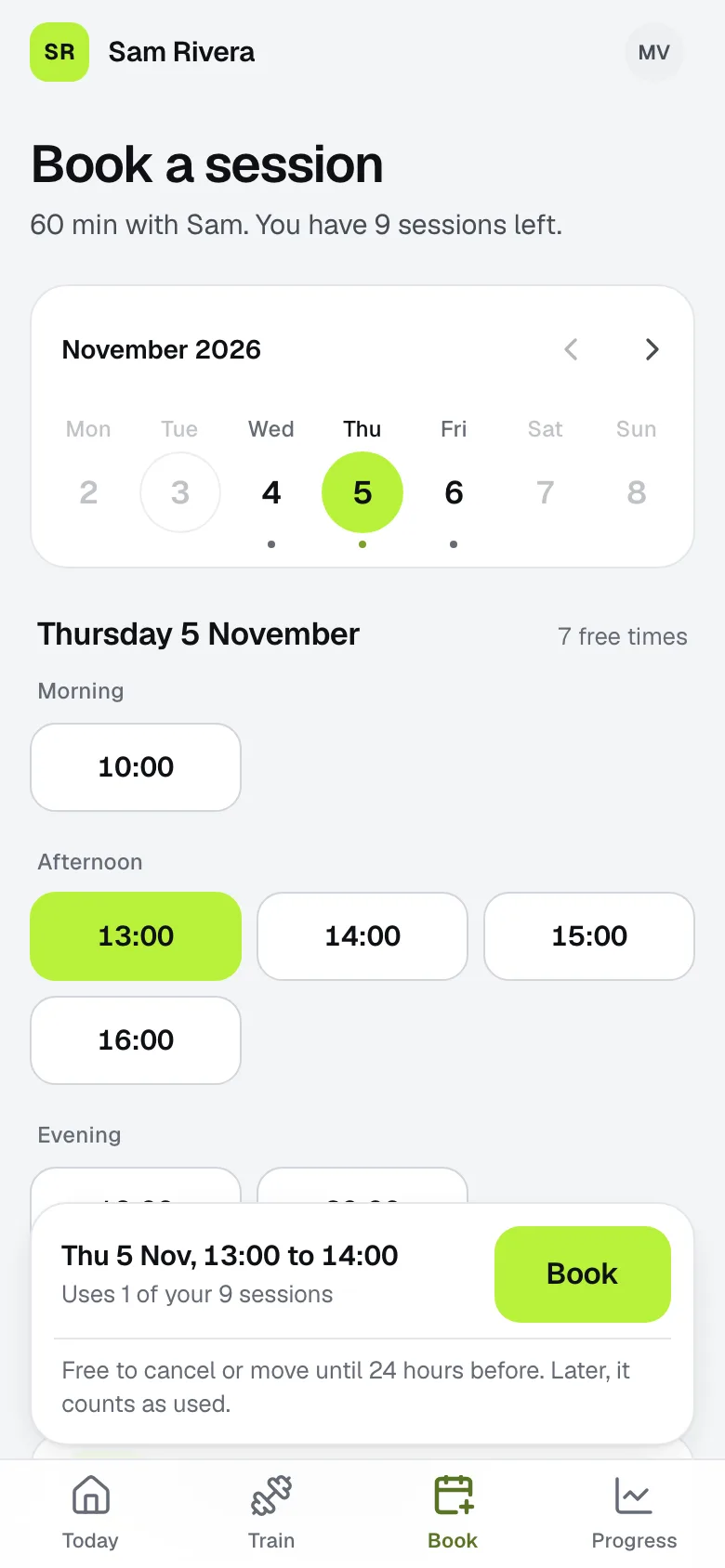 Booking on a phone: a week strip, free times and the session credits it uses.