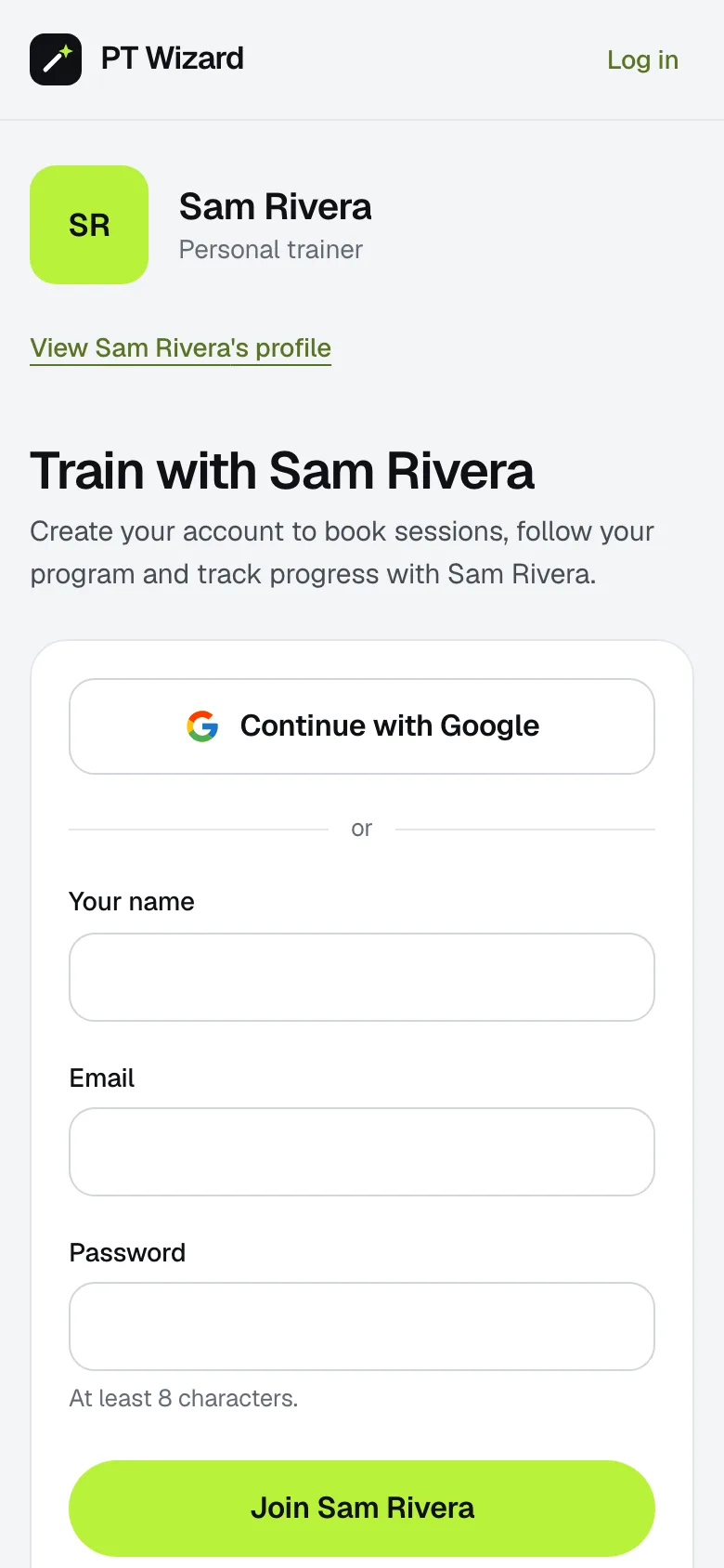 A coach's invite link open on a phone: Train with Sam Rivera, with Continue with Google or a name, email and password.