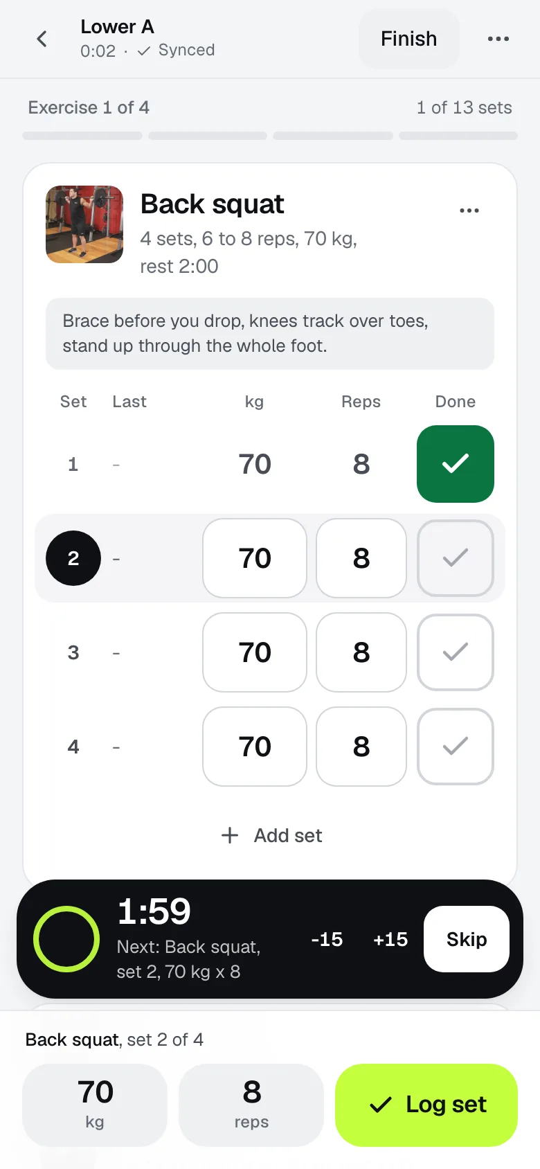 The workout logger mid set, with the rest timer counting down.