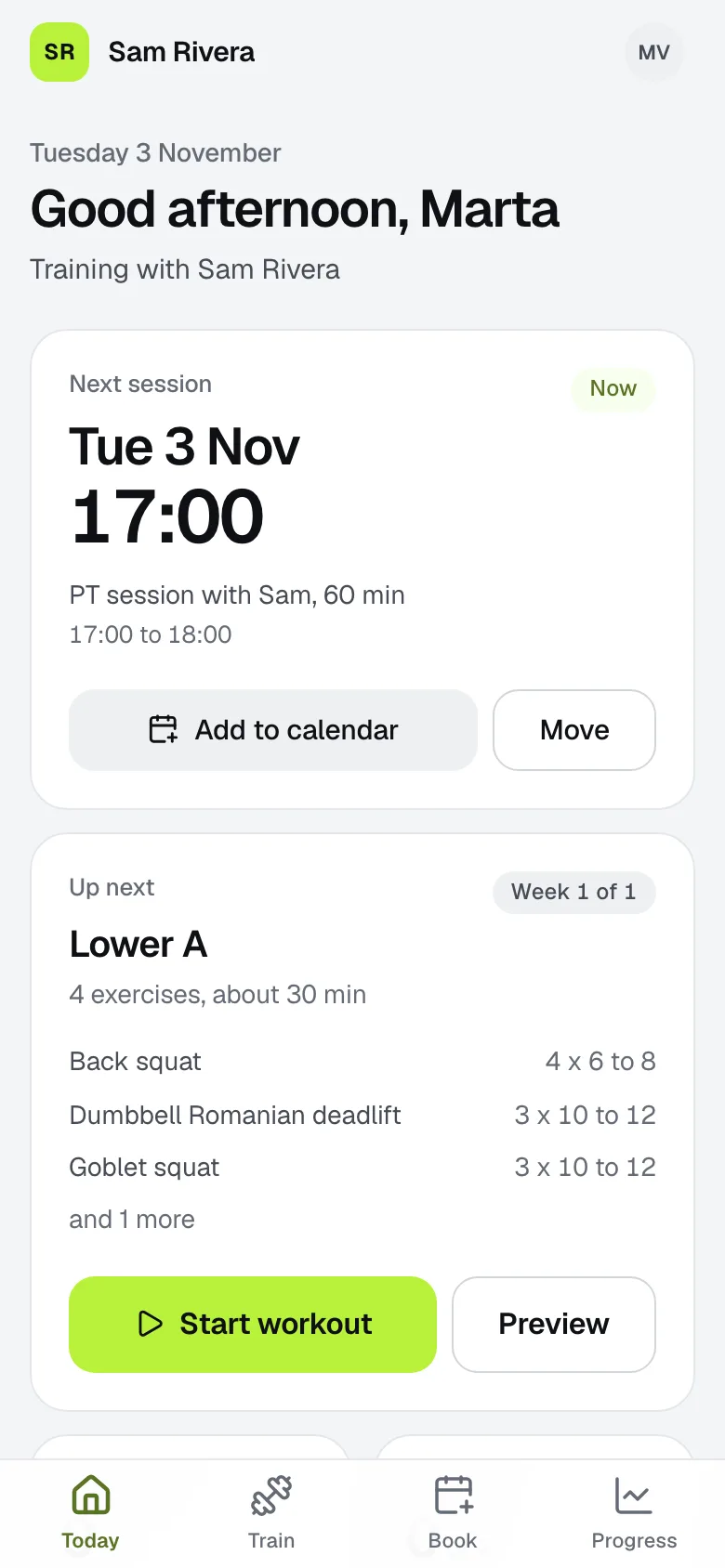 The client's Today screen: the next session and sessions left.