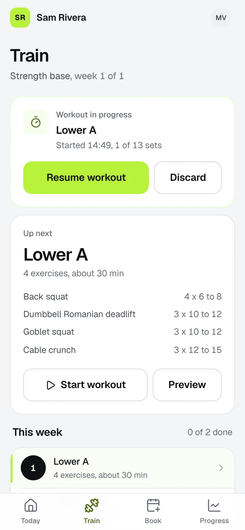 The Train tab: the program, the workout up next and this week's days.