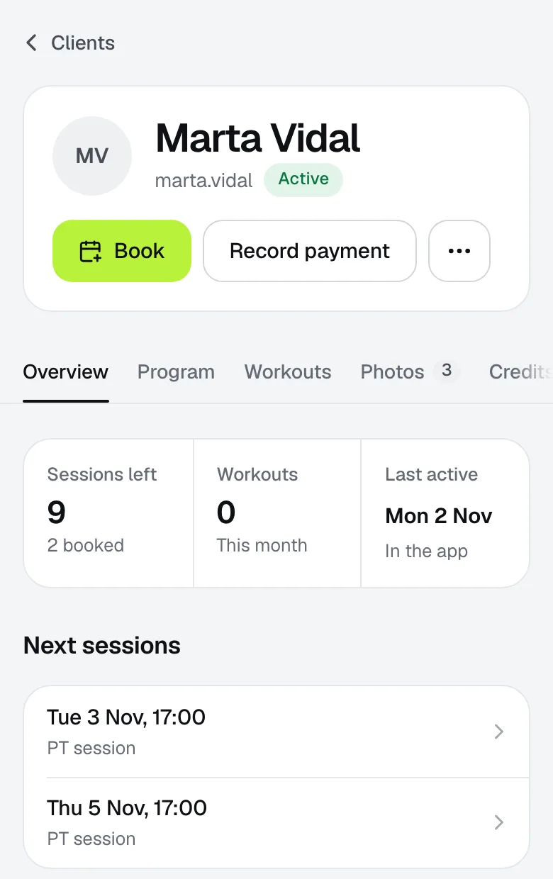 A client's profile: sessions left, next booking and weight.