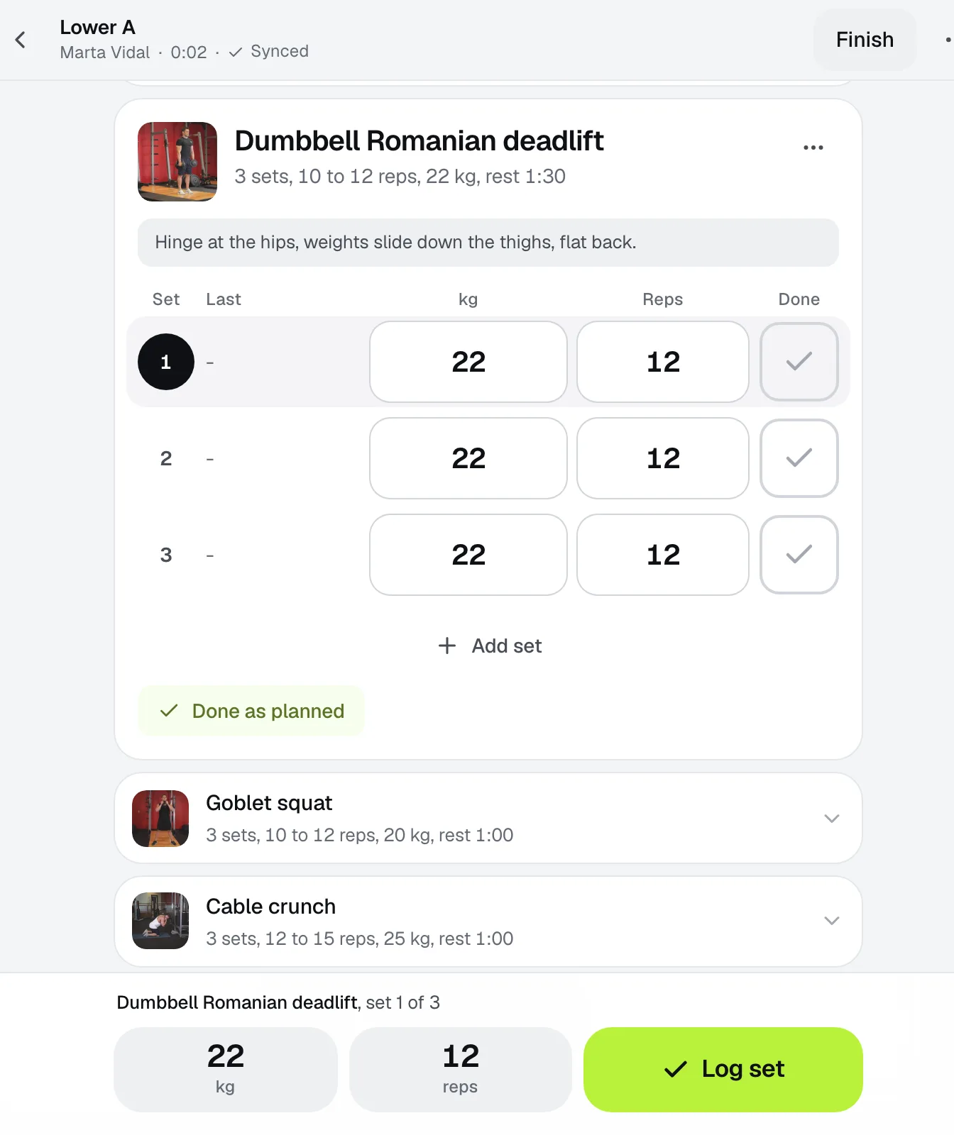 A live session on the coach's laptop: the Romanian deadlift open with three sets of 22 kg by 12 and Done as planned, the next exercises below.