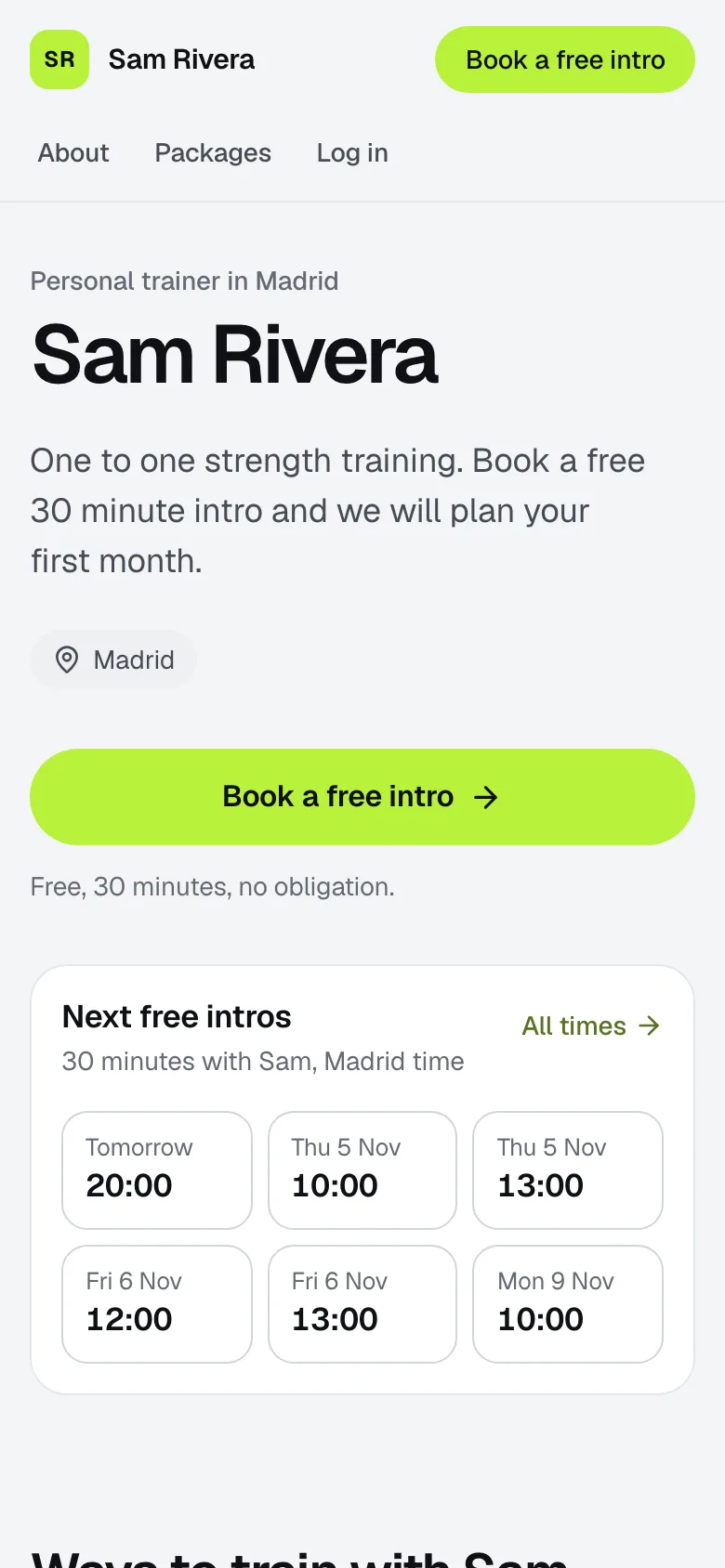 A demo coach's public profile on a phone, with a Book a free intro button.