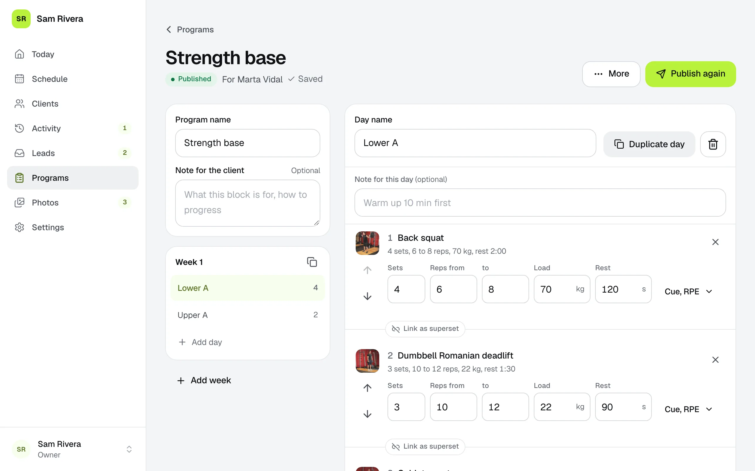 The program builder: a Lower A day with back squat and Romanian deadlift, their sets, reps, load and rest.