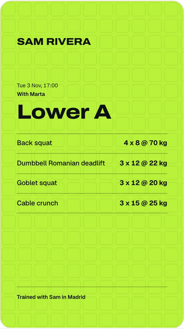 A session recap card with the exercises done and the coach's name.