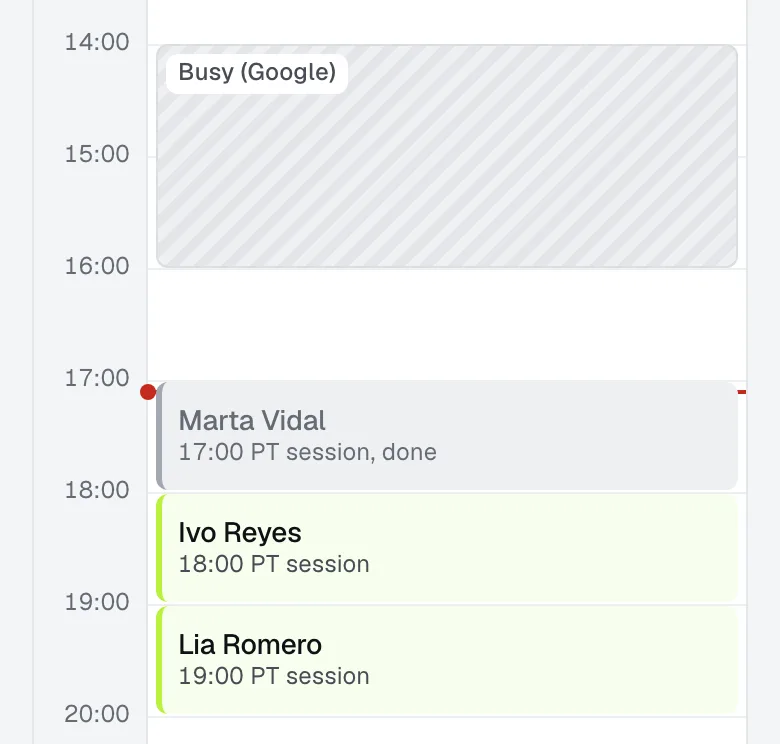 The coach's Tuesday from 14:00: a Busy (Google) block, then the evening's sessions.